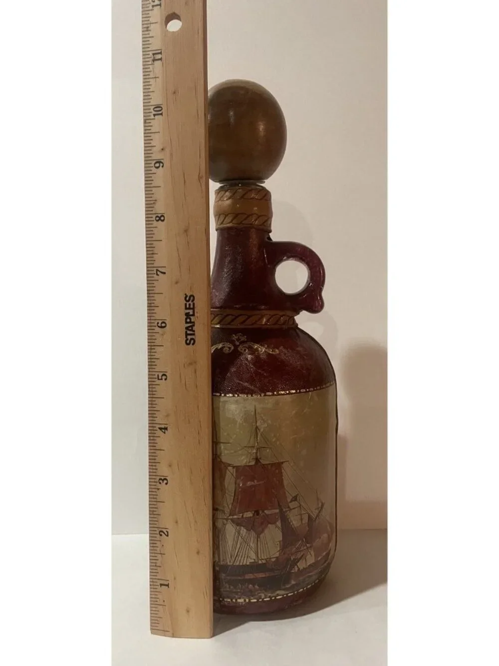 Fausto Corduri-Leather Wrap Nautical Liquor Bottle w Clipper Ship Flag Wood Top